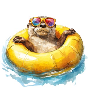 May include: A brown and gray otter wearing colorful sunglasses floats in a yellow inflatable ring in a blue pool of water.