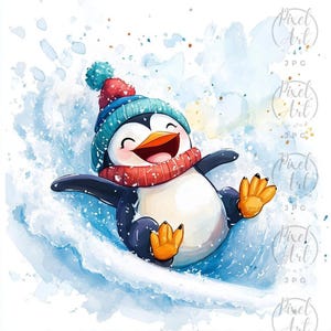 Cheerful Winter Penguins Clipart Festive Holiday Decor Cute Cozy Scenes 20 JPG Joyful Activities Snowflakes Scarves Creative Projects