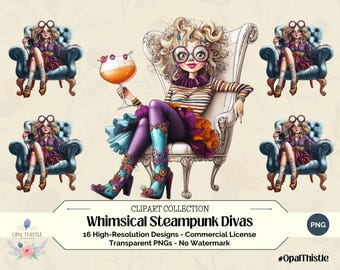 Steampunk Diva Clipart: Whimsical Woman PNG Designs (16 PNG)