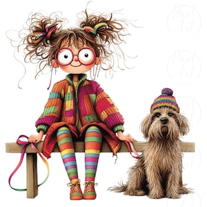 Playful Quirky Girl with Scruffy Dog Clipart, 28 PNG, Frizzy-Haired Girl and Dog, Perfect for DIY Crafts, Invitations, Scrapbooking & Cards