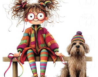 Quirky Girl and Scruffy Dog Clipart: Playful PNG Set