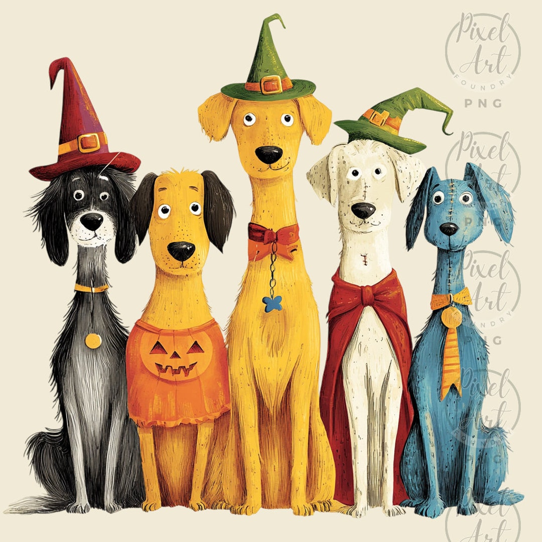 Quirky Dogs Halloween Hats Clipart Set Whimsical Dog Digital Art ...