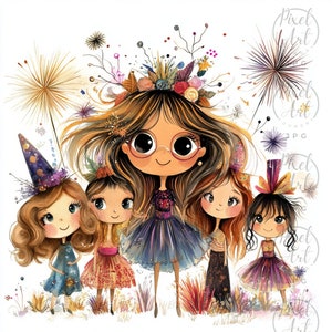 Quirky New Year Eve Party Girl Clipart Watercolor Art Illustration Set Festive Celebration Characters Digital Scrapbooking Art 22 JPG Files