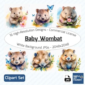 16 Baby Wombat Clipart | Watercolor JPG | Cute Animals for Scrapbooking, Journaling