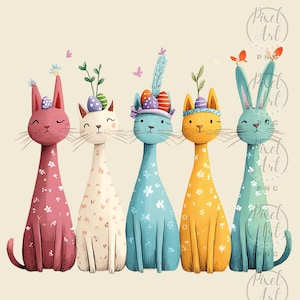 Quirky Cats Easter Hats Clipart Set Whimsical Cats with Bunny Ears and Party Hats Digital Cat Art for Junk Journals Scrapbooking 18 PNG
