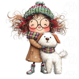 Playful Quirky Girl with Dog Clipart, 23 PNG, Winter Scene with Snow & Cozy Clothing, Ideal for Crafts, Scrapbooking, and DIY Projects