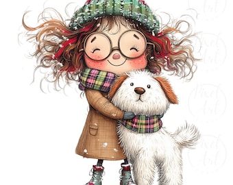 Winter Girl and Dog Clipart: Cozy Scene PNG Set