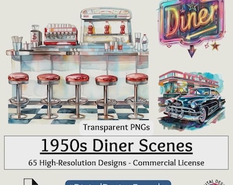 1950s Diner Watercolor Clipart: Retro Food, Cars, Waitresses (65 PNGs)