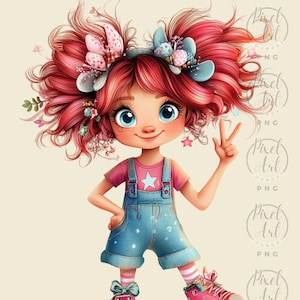 Quirky Peace Girl Ruby Red Clipart Playful Bohemian Girl Art Whimsical Redhead Illustration Fun Girl Character Design 14PNG JPG Scrapbooking