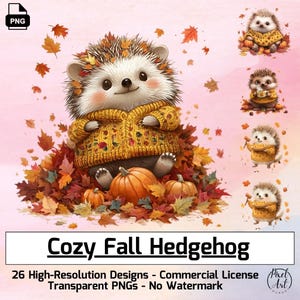 Fall Hedgehog Clipart Set 28 PNGs Cozy Autumn Animals with Sweaters & Leaves Cute Hedgehog Clipart for Fall Crafts and Decor