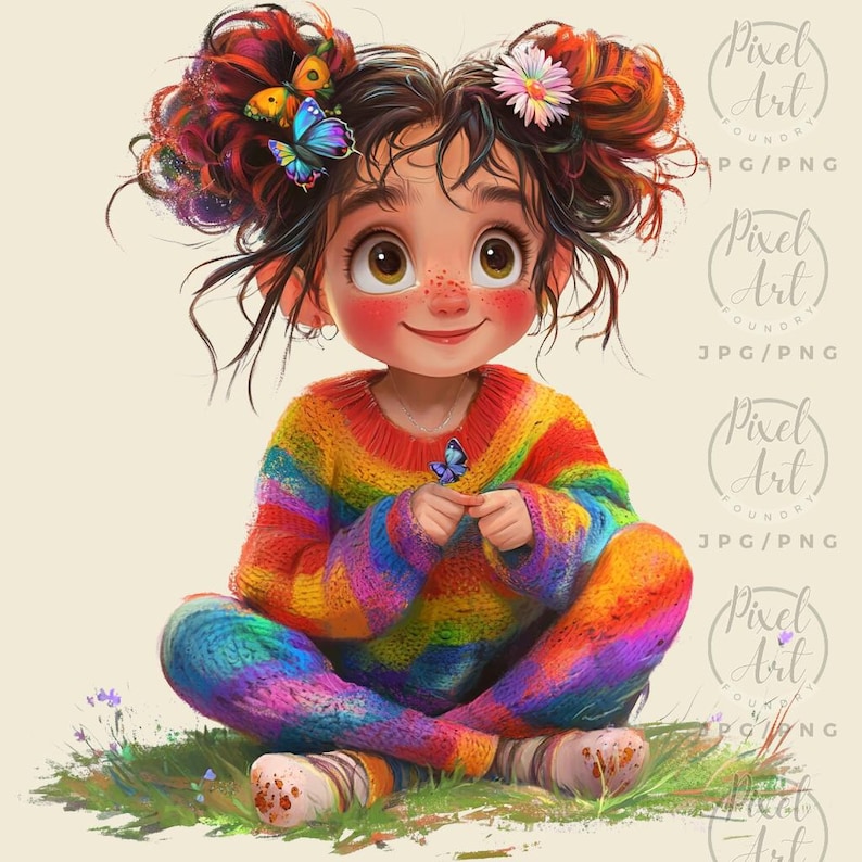a drawing of a little girl sitting on the ground