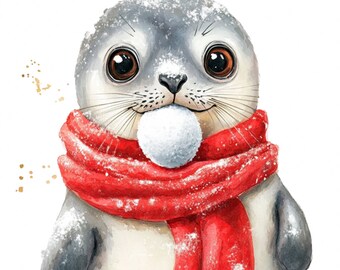Holiday Baby Seal Clipart: Winter Christmas PNG Set