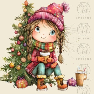 Quirky Girl Christmas Clipart Festive Girl Decorating Christmas Tree Holiday Art Girl Illustration Whimsical Winter 17 PNG/JPG Scrapbooking