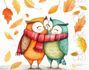 Quirky Owl Clipart: Watercolor Autumn Owls (Digital Download)