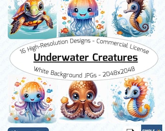 Cute Sea Creatures Clipart | Ocean Animal JPG (Digital Download)