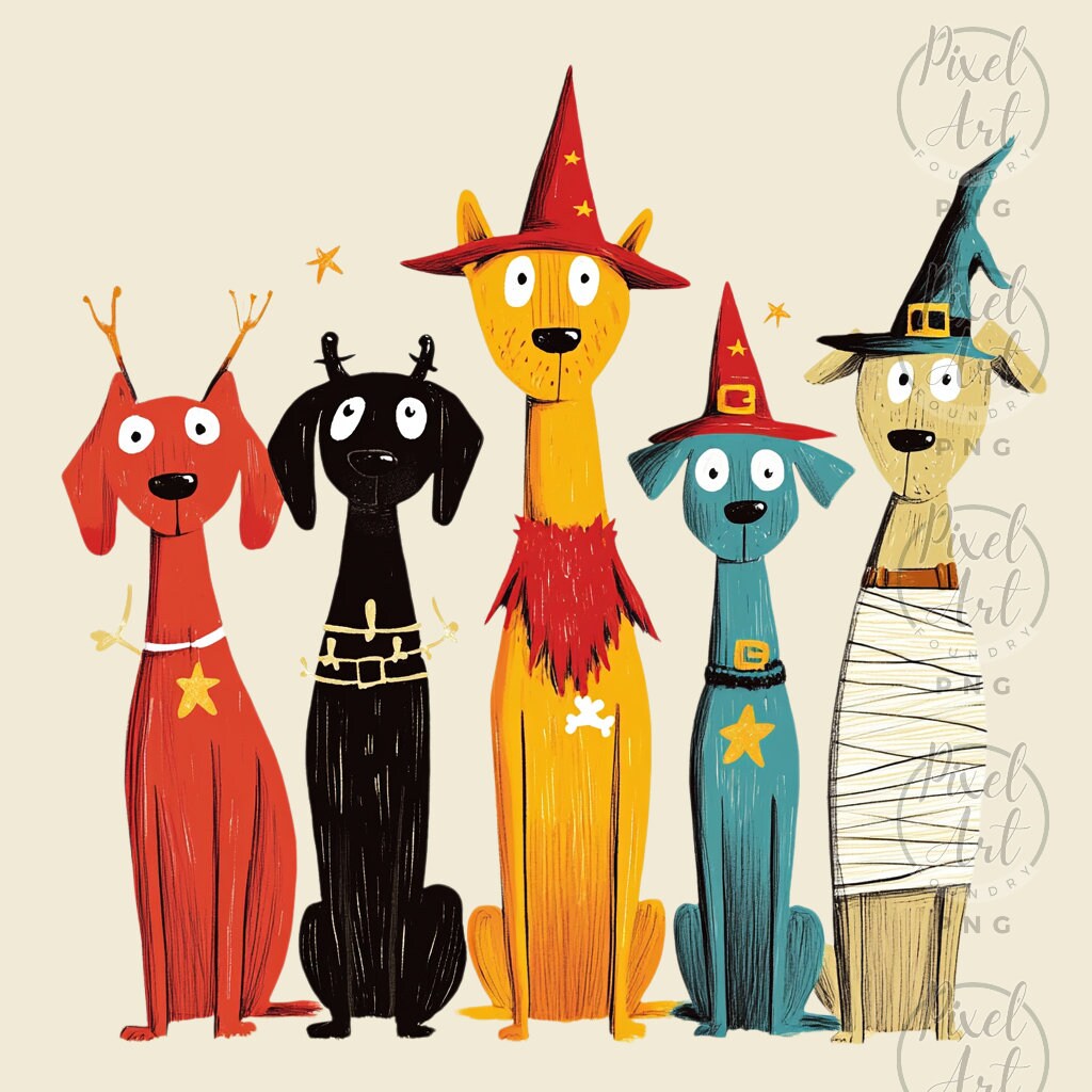 Quirky Dogs Halloween Hats Clipart Set Whimsical Dog Digital Art ...