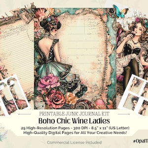 Kit de diario basura imprimible para damas estilo boho chic, páginas de efímeras vintage, suministros para álbumes de recortes, kit de manualidades para hacer uno mismo, carta de EE. UU., PDF