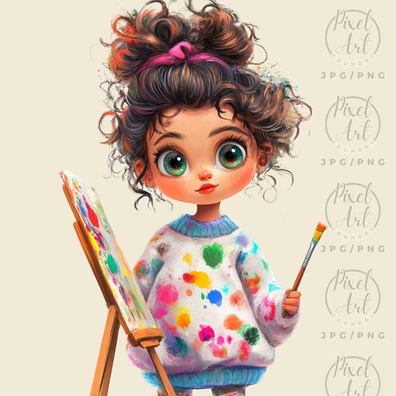 a drawing of a girl holding a paintbrush and an easel