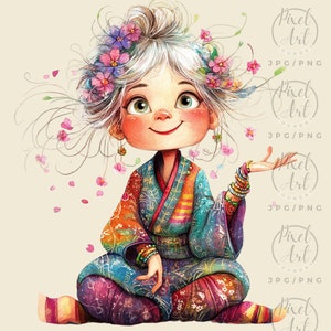 Whimsical Asian Grandma Clipart Cute Elderly Woman Illustration Cozy Fall Grandma Art Digital Grandma Character 20 PNG/JPG Scrapbooking