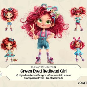 Fille rousse Clipart yeux verts PNG personnage fantaisiste Art Boho Illustration graphismes ludiques autocollant numérique amusant Scrapbooking Clip Art