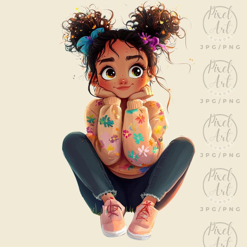 a digital painting of a girl with her hands on her knees