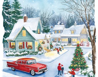 Retro 1950s Christmas Town Clipart, Vintage Holiday PNG (Digital Download)