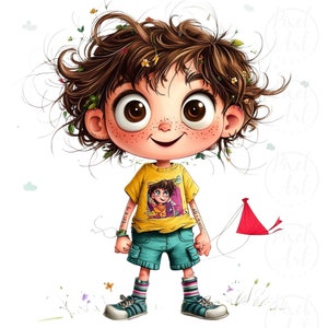 Quirky Playful Boy Clipart, 25 PNGs, Fun Frizzy-Haired Boys in Playful Poses, Cartoon Kids for Crafting, Invitations, Digital Scrapbooking