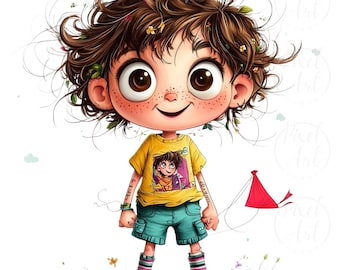 Frizzy-Haired Boy Clipart: Playful Cartoon Kids (25 PNGs)
