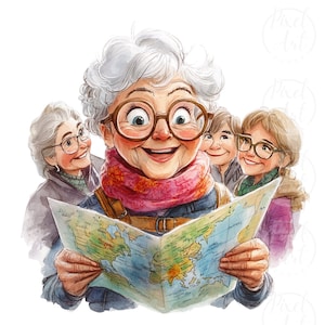 Quirky Traveler Grandma Clipart, Fun Elderly Lady Travel Scenes, 21 Adventure-Themed PNG Illustrations for Scrapbooking, Invitations, Crafts