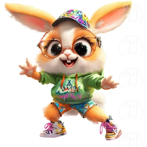 Easter Bunny Dancer Clipart, 21 Cute Rabbits in Colorful Outfits PNG, Perfect for Easter Decor, Invitations, and Fun DIY Crafts, Quirky