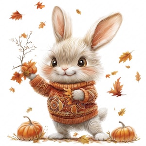 May include: A charming illustration of a white bunny wearing an orange sweater, holding autumn leaves and a small pumpkin. Two pumpkins and falling leaves are at the bottom. The bunny has big brown eyes and a friendly expression, perfect for fall-themed decor.