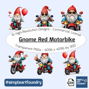 19 Gnome Clipart on Red Motorbikes - Whimsical Biker Gnomes for Scrapbooking, DIY Crafts, Invitations, Digital Art, and Journals PNG Set