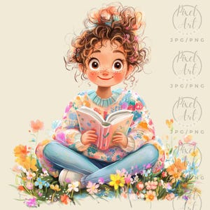 a painting of a girl sitting on the ground reading a book