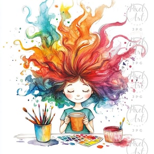 Creative Coffee Clipart Messy Hair Art Supplies Whimsical 21 JPG Digital Watercolor DIY Artist Decor Cozy Illustration Collection