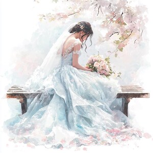 Cherry Blossom Bride Watercolor Bride Clipart 24 JPG Romantic Wedding Decor Greeting Card Art Elegant Wall Design Romantic Cherry Blossom