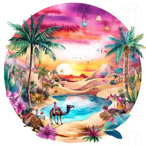 Dreamy Desert Landscape Clipart, 15 Watercolor Cacti & Oasis PNG, Boho Desert Art, Quirky Sunset Scenes, Vibrant Desert Clipart Digital Use
