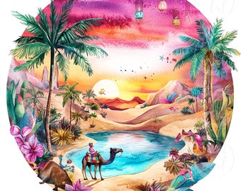 Watercolor Desert Landscape Clipart: Boho Cacti & Oasis (PNG Digital)