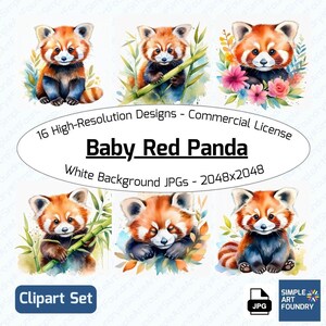 16 Baby Red Panda Clipart | Watercolor JPG | Cute Animals for Scrapbooking, Journaling