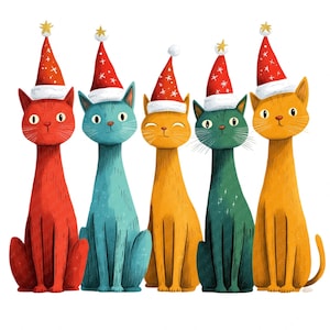 Quirky Christmas Cat Clipart Set, 20 PNG, Festive Cats in Santa Hats for Holiday Crafts, Cards, Christmas Cats, Quirky Colorful Cats on Wall