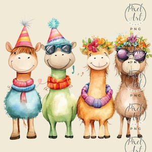 Quirky Camels Clipart Set Fun Accessories Vibrant Hats Sunglasses Flower Crowns PNG Playful Kids Party Invites Crafts 18 Images
