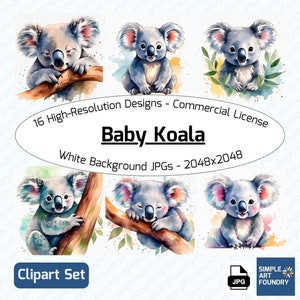 16 Baby Koala Clipart | Cute JPG Koalas | Watercolor Animals for Scrapbooking, Journaling