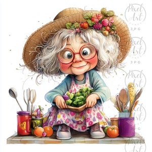 Quirky Playful Grandma Watercolor Illustrations Gardening Grandma Clipart Vintage Whimsical Art 22 JPG Files for Scrapbooking and Cards