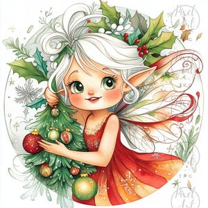 Red White Green Christmas Fairies Clipart Holiday Fantasy Fairies Winter Magic Scrapbooking Junk Journal Watercolor Art 20 JPG