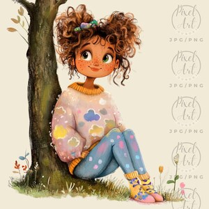 a painting of a girl sitting next to a tree