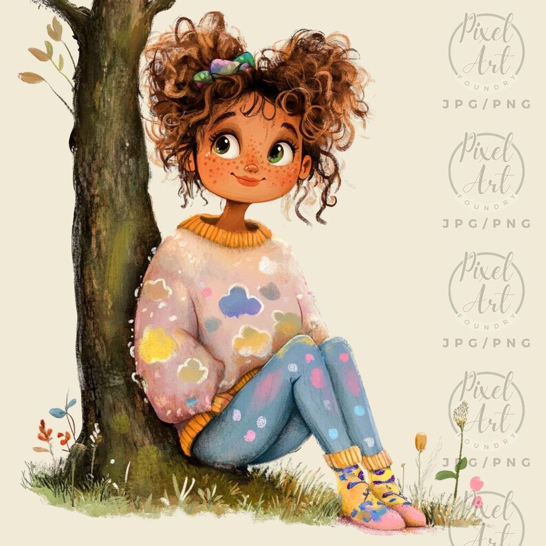a painting of a girl sitting next to a tree