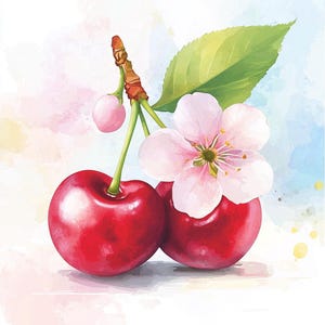Cherry Red Pink Flower Art, Floral Cherry Illustrations, Whimsical Summer Designs, Kitchen Decor, Crafting, Greeting Cards, 14 JPG Images