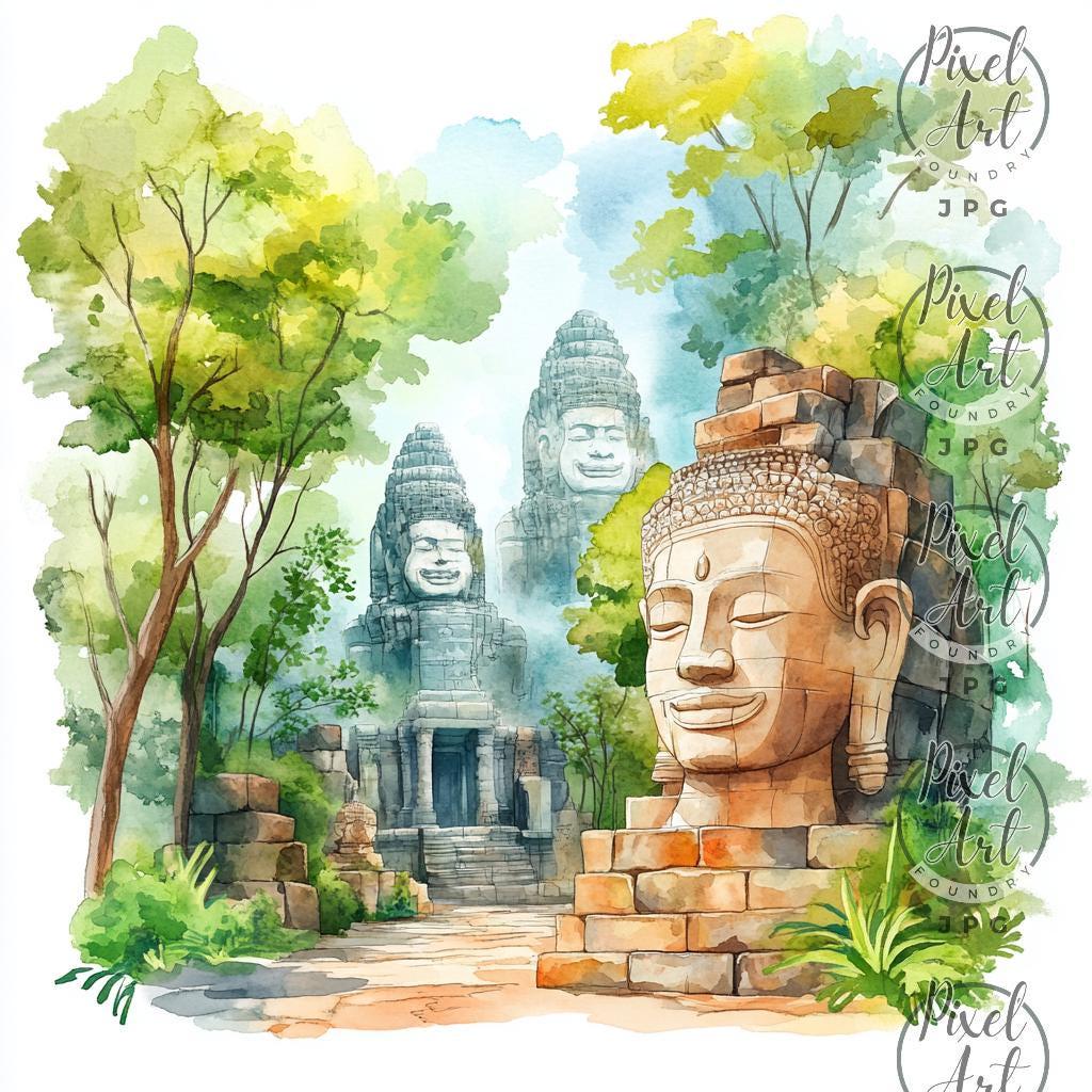Angkor Wat Watercolor Clipart: Cambodia Travel Art (JPG Images) - Etsy