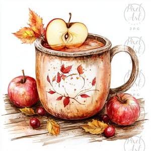 May include: A watercolor painting of a rustic mug filled with a warm beverage, topped with a slice of apple. The mug is decorated with a floral design and surrounded by apples, cranberries, and autumn leaves on a wooden surface.