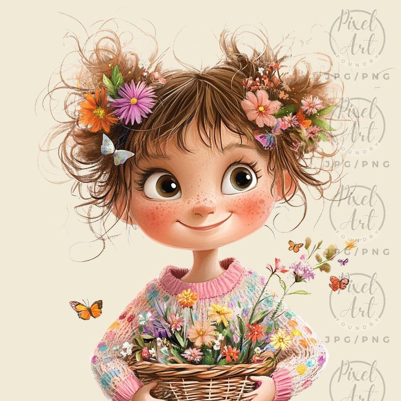 a painting of a girl holding a basket of flowers