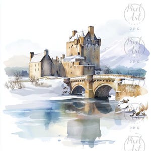 Magical Winter Castles of Scotland Clipart Fantasy Art Holiday Decor Travel Design 22 JPG Images Snowy Landscape Scottish Highlands